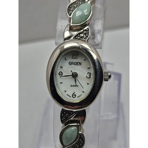 Gruen Womens Quartz Watch Jade Marcasite Bracelet Silver Tone MOP New Battery - Picture 4 of 10